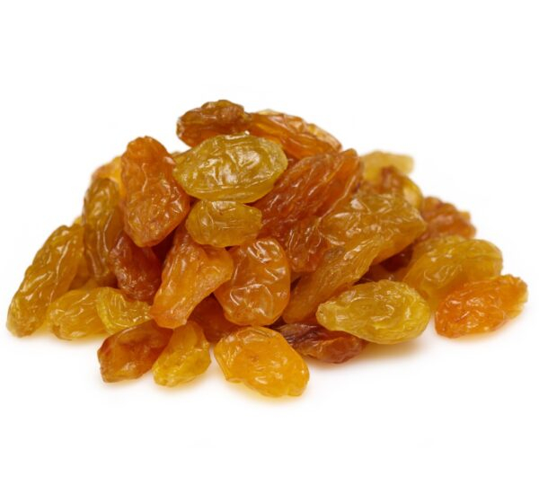 Pile of plump Bonobithi Golden Raisins, sweet and naturally dried grapes