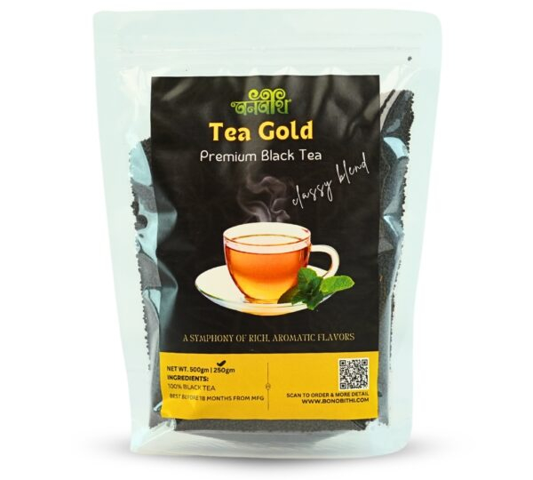Bonobithi Tea Gold Premium Black Tea 500gm packet with teacup and mint leaf