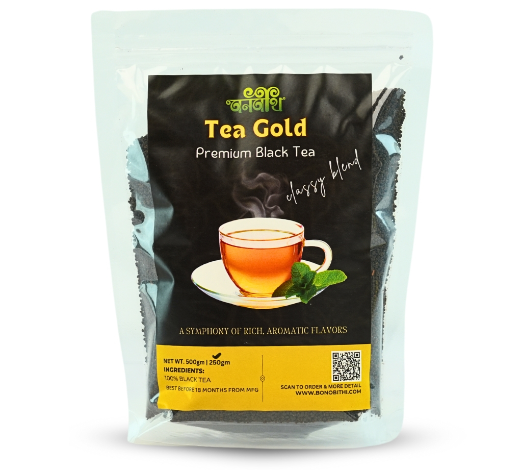 Bonobithi Tea Gold Premium Black Tea 500gm packet with teacup and mint leaf
