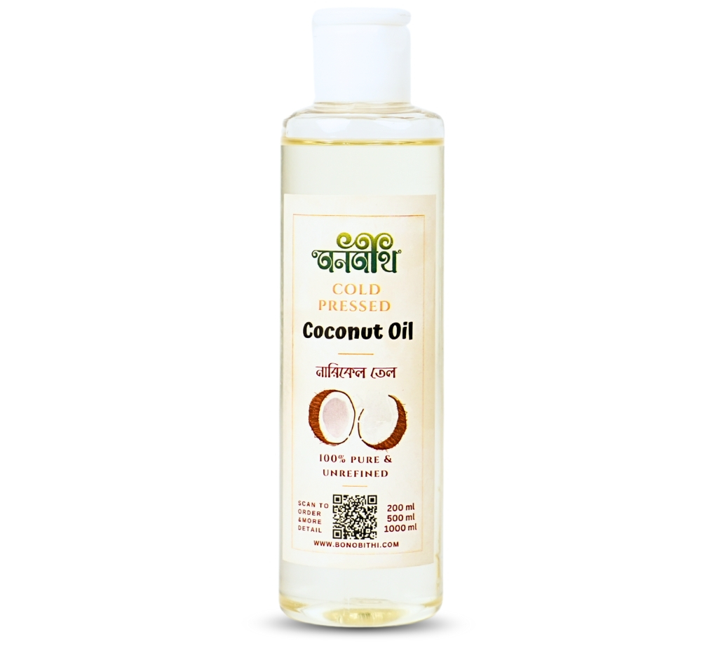 Bonobithi Health Food Cold Pressed Coconut Oil bottle, 100% pure & unrefined, with coconut imagery on the label.