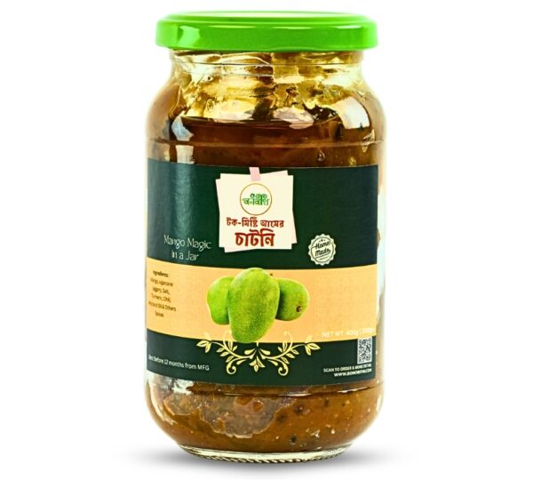 Bonobithi Health Food Mango Magic Chutney jar, "টক-মিষ্টি আচারের চাটনি" (sour-sweet pickle chutney), handmade, with green mangoes on label.