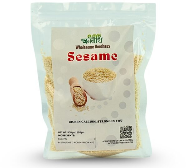A transparent pouch of "Bonobithi Wholesome Goodness Sesame" showing white sesame seeds, with a graphic of sesame in a bowl and a wooden scoop, on a plain light background.