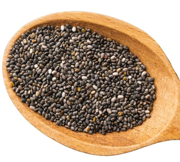 Close-up of fresh Bonobithi black chia seeds on a wooden spoon