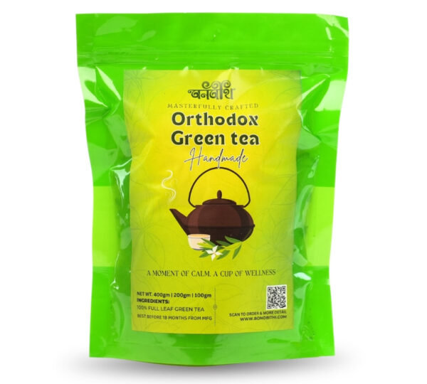 Bonobithi Masterfully Crafted Orthodox Green Tea pouch, 100% full leaf, handmade for calm and wellness.